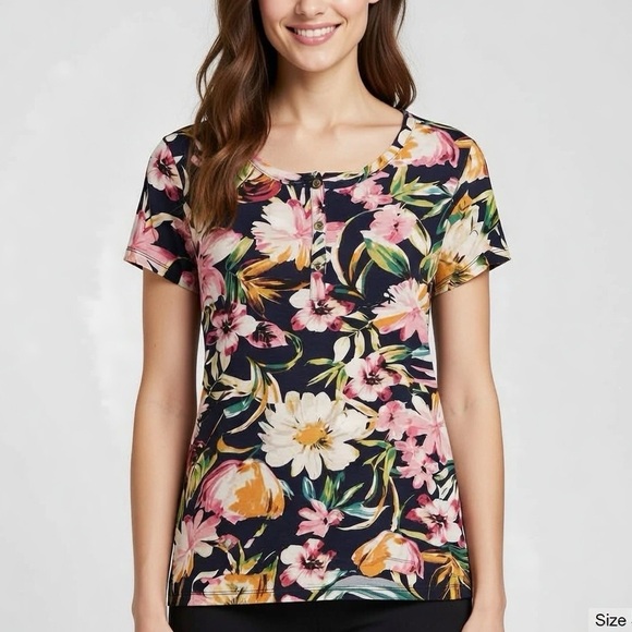 Anne Klein Tops - Anne Klein Sport Shirt Women’s Size Small Floral Henley Short Sleeve Top Cotton